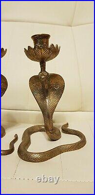 Vintage Retro Indian Brass Snake Serpent Cobra Candlestick Candle Holders Pair