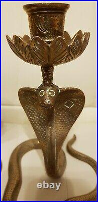 Vintage Retro Indian Brass Snake Serpent Cobra Candlestick Candle Holders Pair