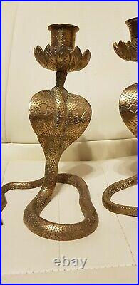 Vintage Retro Indian Brass Snake Serpent Cobra Candlestick Candle Holders Pair