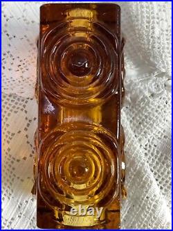 Vintage Retro Square & Round Spiral Design Unusual Amber Glass Candlestick/ Vase