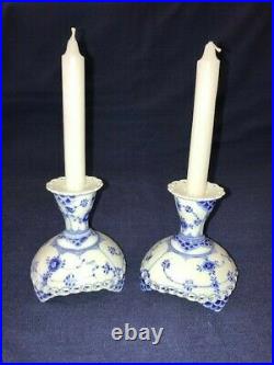 Vintage Royal Copenhagen Blue Fluted FULL LACE # 1138 Pair of Candlesticks