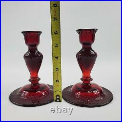 Vintage Ruby Red Punch Bowl & Candlestick Set Paden City Ornate Floral Pattern