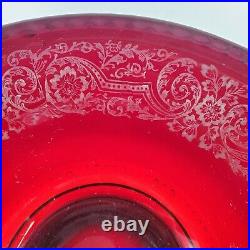 Vintage Ruby Red Punch Bowl & Candlestick Set Paden City Ornate Floral Pattern