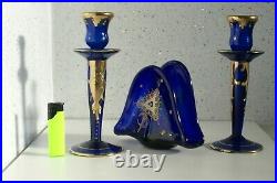 Vintage Set Cobalt Gold Plated Two Art Glass Candlesticks 8,5 three gilded