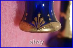 Vintage Set Cobalt Gold Plated Two Art Glass Candlesticks 8,5 three gilded