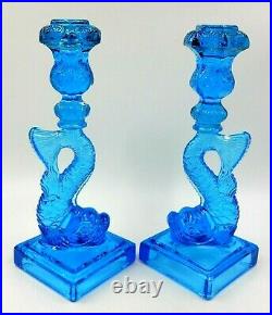 Vintage Set Of 2 Matching 11 Tall Imperial Mma Blue Glass Koi Fish Candlesticks