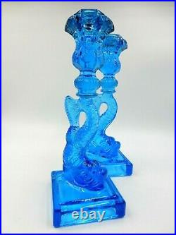 Vintage Set Of 2 Matching 11 Tall Imperial Mma Blue Glass Koi Fish Candlesticks