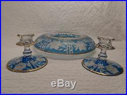 Vintage Set of Rolled Glass Console Bowl & Candlestick Set, Etched Glass