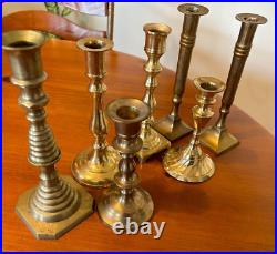 Vintage Set of Seven Brass Candle Sticks Excellent Condition Great Set Unique