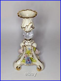 Vintage Signed Capodimonte Italy Porcelain Candle Stick Holder Roses Wedding