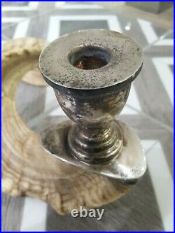 Vintage Signed Cusi Mexico Silver Accented Rams Horn Candle Holder Candlestick