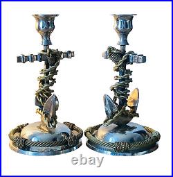 Vintage Silver And Brass Foul Anchor Naval Officer Dinner Candlesticks