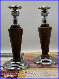 Vintage Silver Metal Wooden Candlesticks/ Candle Holders Set of Two Pair