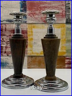 Vintage Silver Metal Wooden Candlesticks/ Candle Holders Set of Two Pair