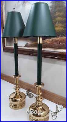 Vintage Solid Brass Cast Green Candlestick Lamp Pair 37