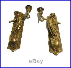 Vintage Solid Brass Cherub Candle Sticks Holders Wall Sconce Flaws