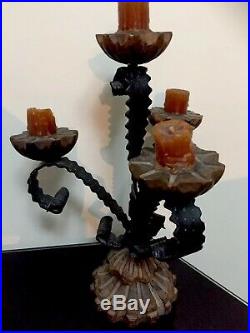 Vintage Spanish Carved Wood Wrought Iron Art Centrepiece Candlestick Candelabra