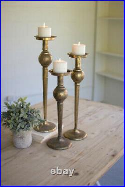Vintage Style Tall Antiqued Brass Set 3 Candle Stick Round Base Gold Holder
