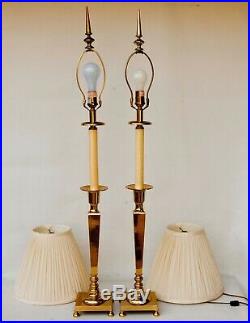 Vintage Tall Pair Ethan Allen Candlestick Table Lamps Brass With Original Shades