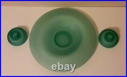 Vintage Tiffin Glass Console Set Green Vaseline Glass Compote Candle Holders