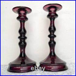 Vintage Tiffin Purple Amethyst Glass Graduated Candlestick Pair
