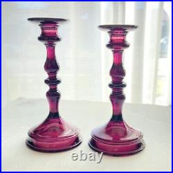 Vintage Tiffin Purple Amethyst Glass Graduated Candlestick Pair