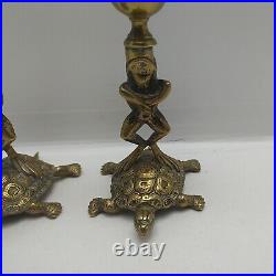 Vintage Unusual Frog & Turtle Brass Candle Stick Holders Early 19th Century 12cm