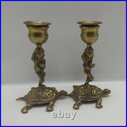 Vintage Unusual Frog & Turtle Brass Candle Stick Holders Early 19th Century 12cm