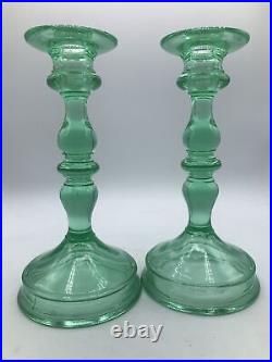 Vintage Uranium Vaseline Glass Candlesticks approx 8.5 set of 2