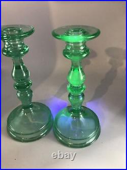 Vintage Uranium Vaseline Glass Candlesticks approx 8.5 set of 2