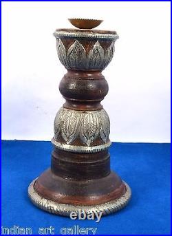 Vintage Used Heavy Wood Beautiful Brass Work Candle Stick Home Decor. I71-27