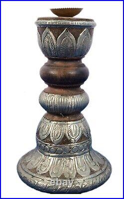 Vintage Used Heavy Wood Beautiful Brass Work Candle Stick Home Decor. I71-28