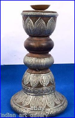 Vintage Used Heavy Wood Beautiful Brass Work Candle Stick Home Decor. I71-28