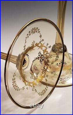Vintage Venetian Blown Glass CANDLESTICKS Topaz w Enamel and Gilding, Bobeches