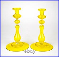 Vintage Venetian Canary Yellow Blown Glass Candlesticks Set of 2 Art Glass