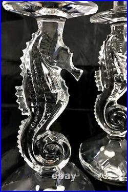 Vintage Waterford Cut Crystal Figural Seahorse Tall Candlesticks Holders Pair