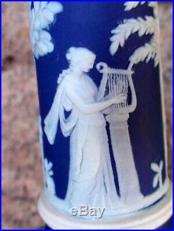 Vintage Wedgwood Cobalt Jasperware Candlestick Hoolders With Classical Figures
