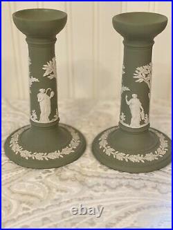 Vintage Wedgwood Green Jasper Ware Mythology Candle Holders Sticks High Relief