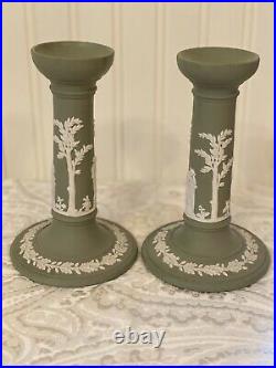 Vintage Wedgwood Green Jasper Ware Mythology Candle Holders Sticks High Relief