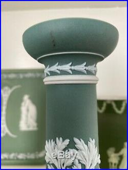 Vintage Wedgwood Teal Green White Jasperware 6 3/4 Candlesticks Holders A Pair