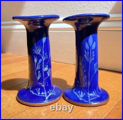 Vintage Wellfleet Pottery Cobalt Blue Floral Design Candlesticks Signed No Chips