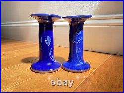 Vintage Wellfleet Pottery Cobalt Blue Floral Design Candlesticks Signed No Chips