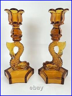 Vintage Westmoreland Amber Glass Dolphin / Koi Fish Candle Holders Candlesticks