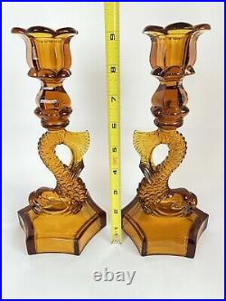 Vintage Westmoreland Amber Glass Dolphin / Koi Fish Candle Holders Candlesticks