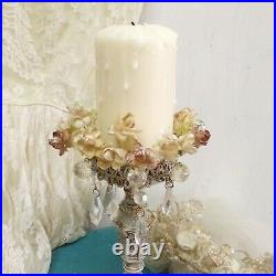 Vintage White painted metal candleholder flower roses wreath Shabby candle stick
