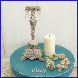 Vintage White painted metal candleholder flower roses wreath Shabby candle stick