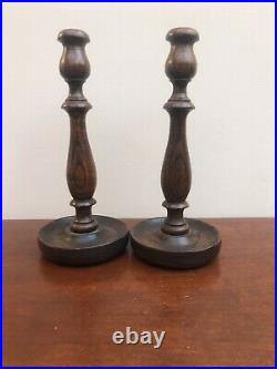 Vintage Wooden Hand Turned Gothic Candlesticks with Brass Trim