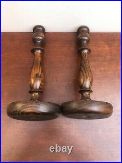 Vintage Wooden Hand Turned Gothic Candlesticks with Brass Trim