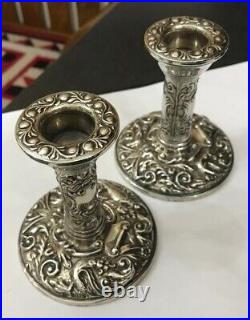 Vintage Zoomorphic Birmingham Hallmarked Sterling Silver Pair Candlesticks B&Co