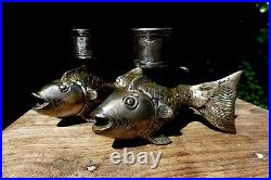 Vintage antique fish shaped candlestick holder unique design brass silver plate
